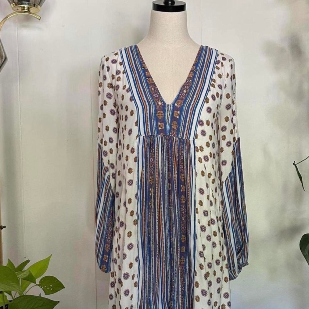 Free People Boho Floral Striped V-Neck Grommet Dress White Blue XS